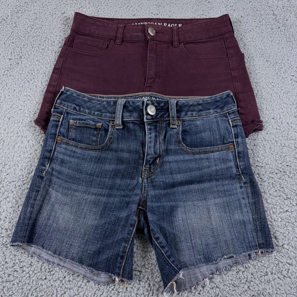 LOT OF 2 American Eagle Shorts Womens 4 High‎ Rise Shortie Midi AEO Denim Jean